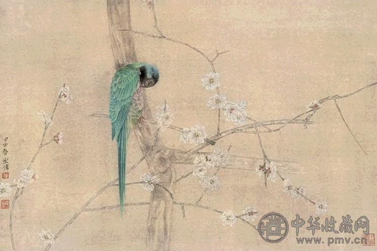 江宏伟 甲申(2004年)作 桃花鹦鹉图 镜心 设色纸本