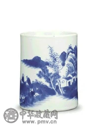 清 雍正 青花山水纹笔筒