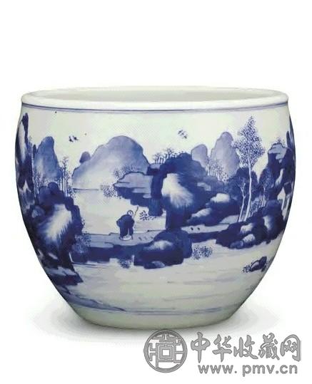 清 康熙 青花山水人物缸