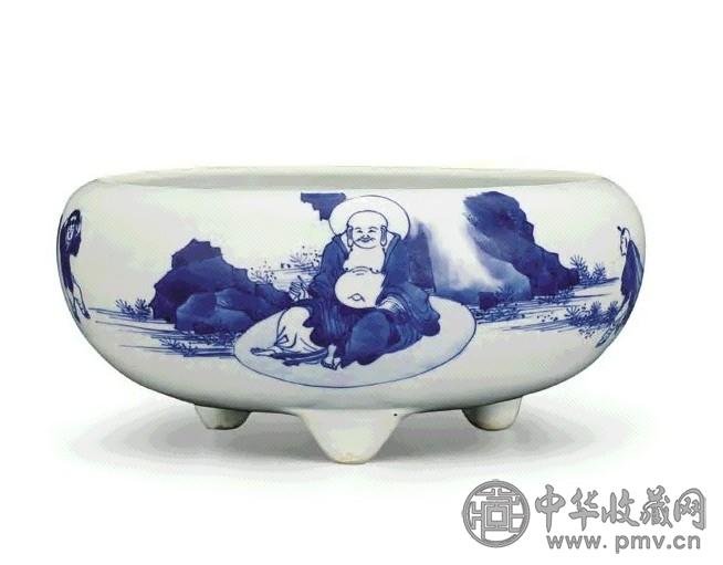 清 康熙 青花六子戏佛三足洗
