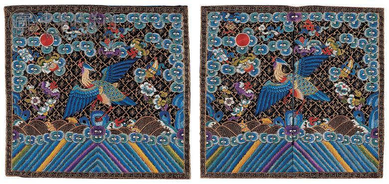 清 黑地彩绣鸂鶒七品补子(1对)