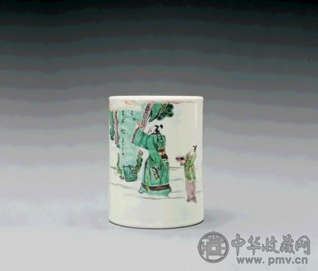 清康熙 五彩人物诗文笔筒