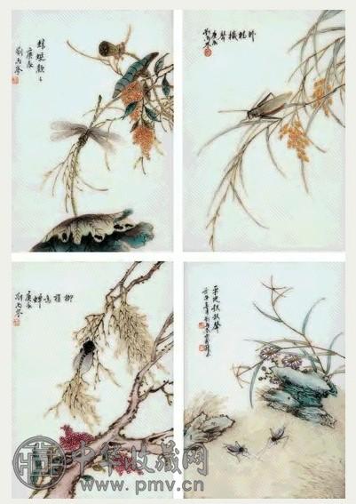 民国 刘雨岑画四季草虫瓷板 四块