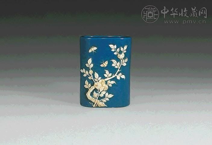 清光绪 炉钧釉雕瓷石榴笔筒