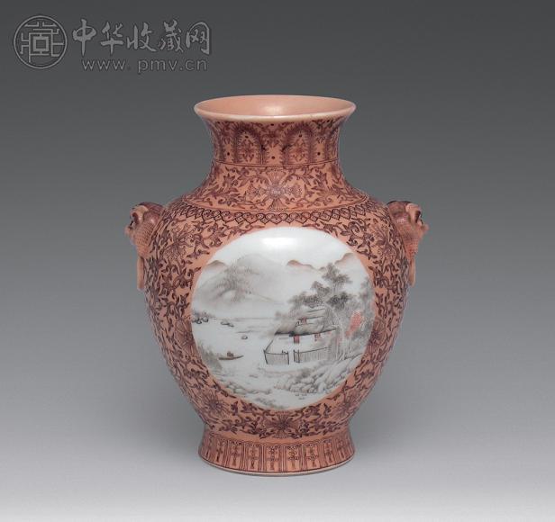 民国 米色釉墨彩缠枝莲开光山水纹兽耳小尊