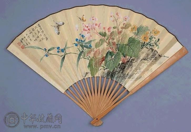 颜伯龙 1944年作 秋香引蝶图 扇面 设色纸本