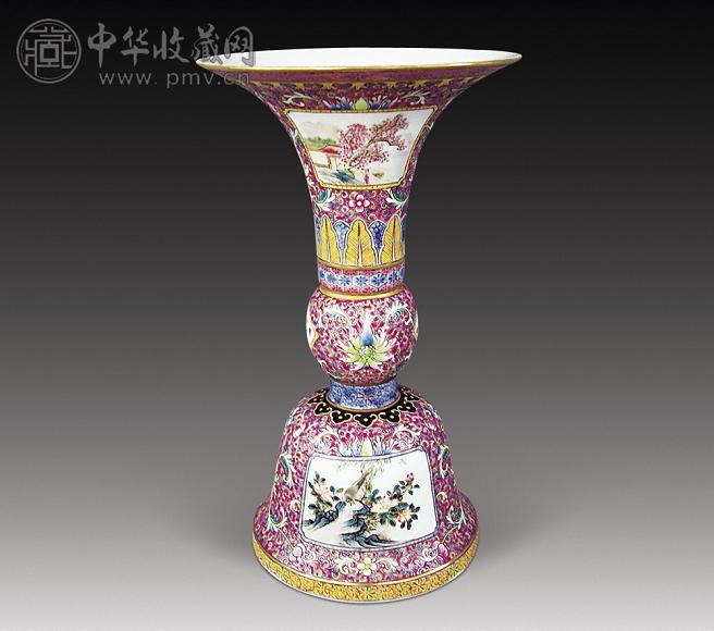 民国 粉彩百花不露地开光花觚