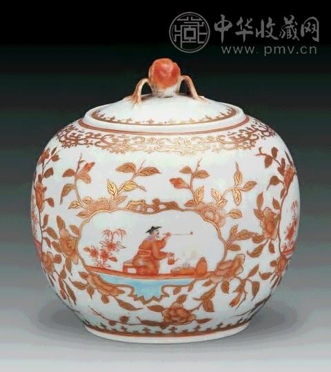清光绪 矾红描金开光人物盖罐