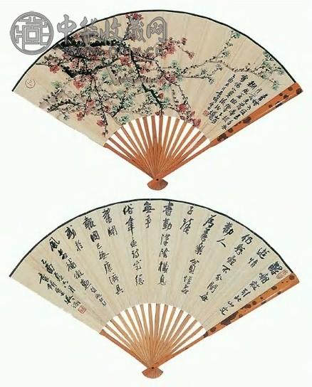 吴徵 梅花、行书 扇面 纸本设色