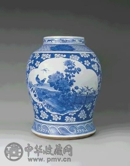 清早期 青花开光花鸟大将军罐