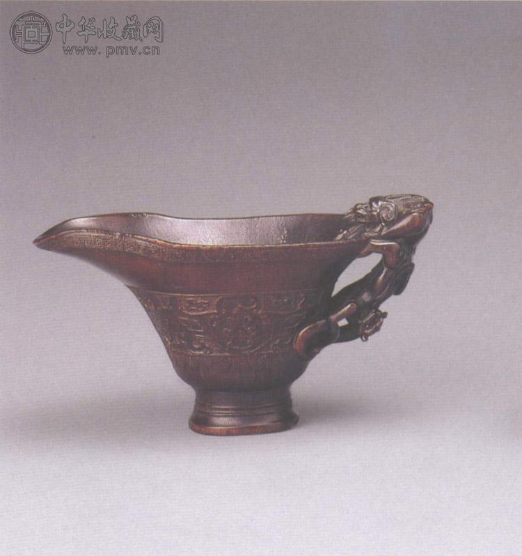 清初 犀角透雕夔龙纹杯