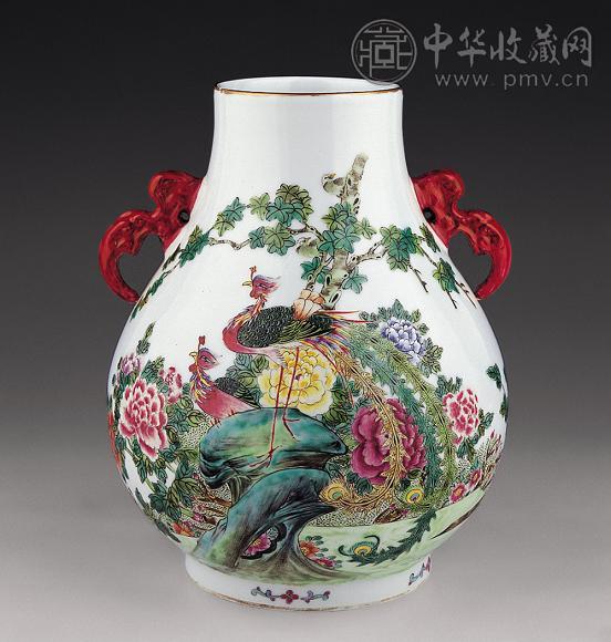 民国 粉彩凤凰牡丹鹿头尊