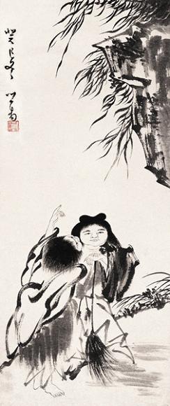 溥儒 1953年作 寒山拾得图 立轴 设色纸本