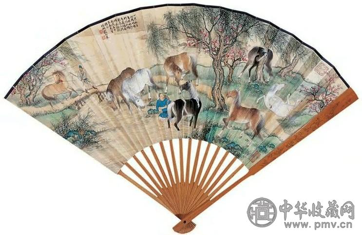 殷梓湘 1946年作 春郊牧马、楷书 扇面 设色纸本