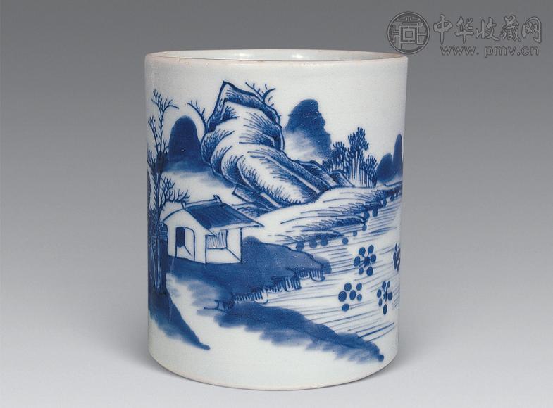 清雍正 青花山水笔筒