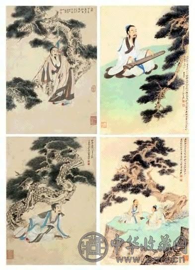近代 张大千 苍松知琴音 镜心(4幅)