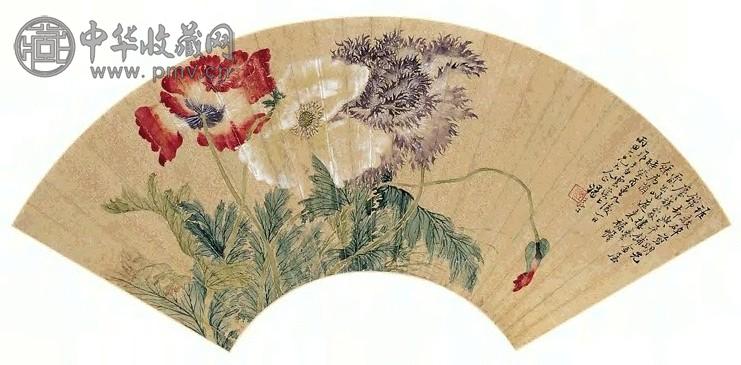 汤世澍 1873年作 虞美人图 扇面 金笺设色