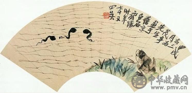 齐白石 甲戌(1934年)作 青蛙蝌蚪 扇面 设色纸本