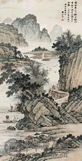 近现代 袁松年 青山行舟 镜心
