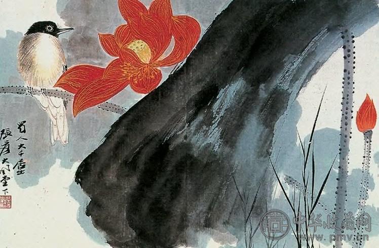 张大千 近现代 荷花小鸟图 镜心