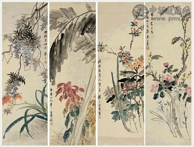 吴攘之 1852年作 四时佳致四屏 四屏 设色纸本