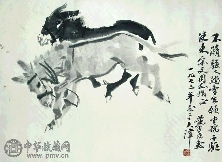 近现代 黄胄 双驴图 镜心