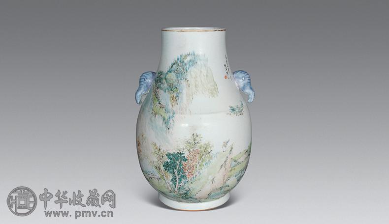 清光绪 浅绛彩山水象耳尊