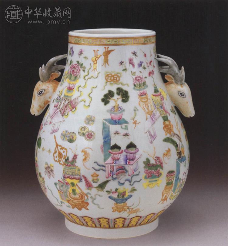 清光绪 粉彩博古鹿头尊 清光绪 粉彩博古鹿头尊