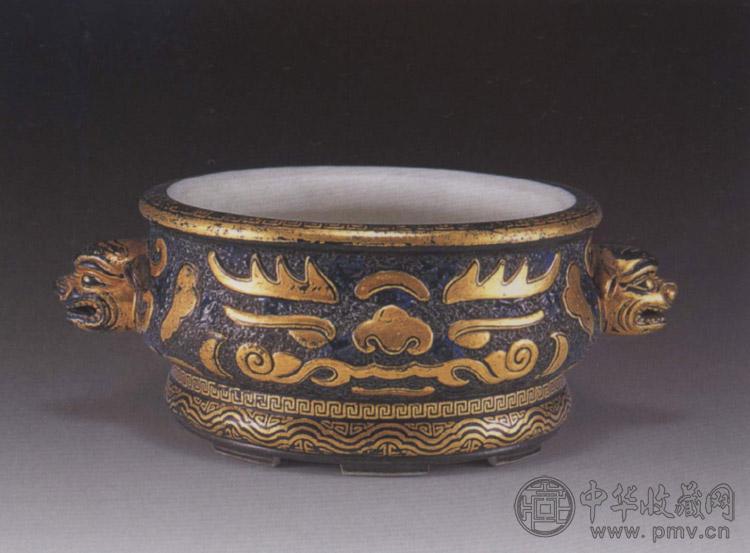 清 仿古铜彩兽面双耳炉