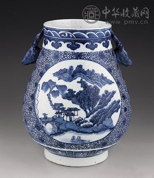 清 青花开光山水纹鹿头尊