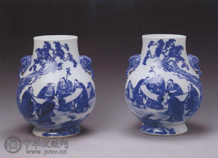 民国 青花五老图牛头尊(1对)