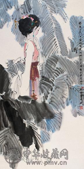 林墉 1983年作 芭蕉仕女 立轴 设色纸本