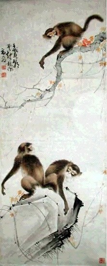 高奇峰 月下猴戏图 立轴 设色纸本