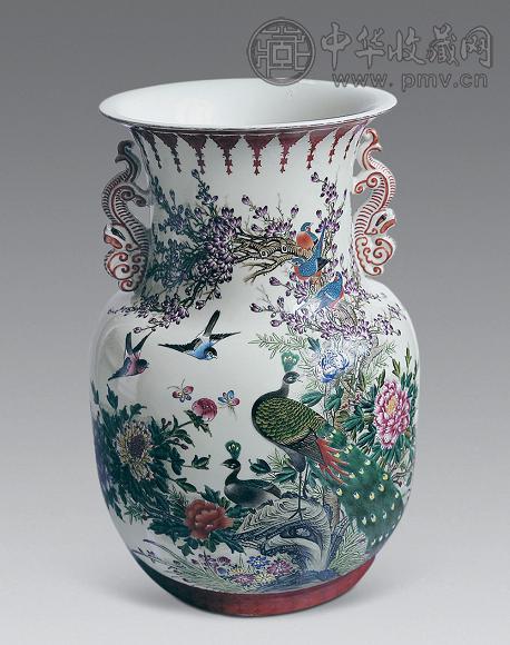 清 同治 粉彩孔雀花石纹双耳尊