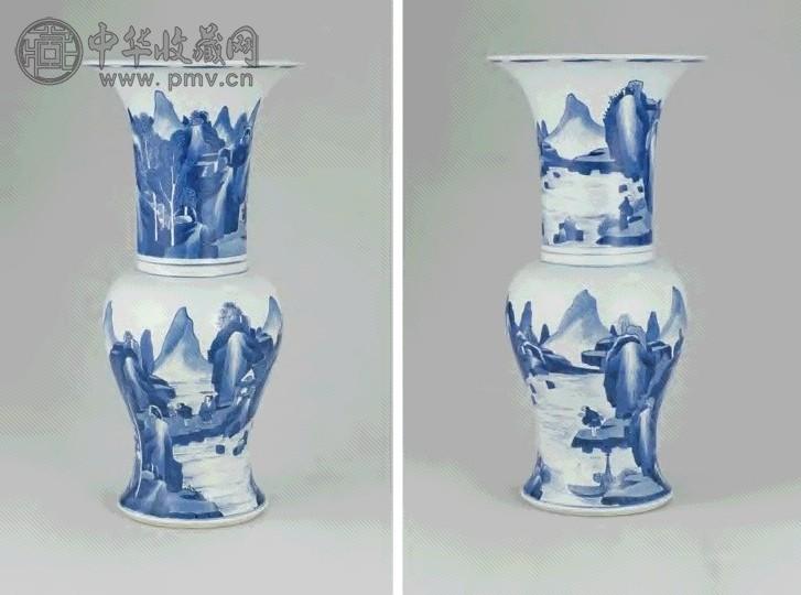 清康熙 青花山水人物图凤尾尊