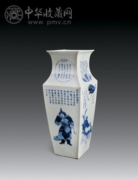 清道光 青花无双谱狮耳方尊