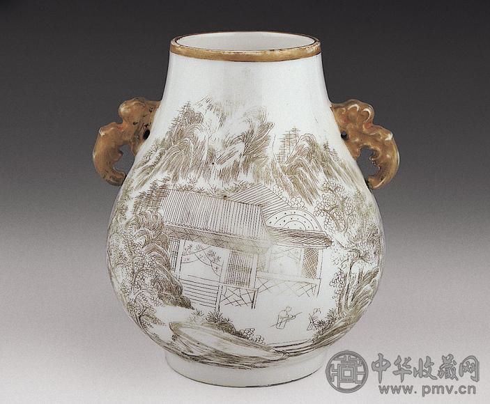 民国 刻瓷山水纹小鹿头尊