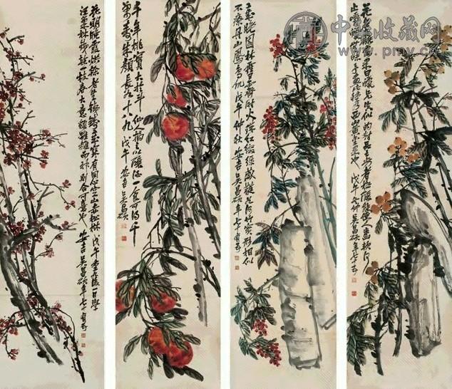 吴昌硕 1918年作 花卉 四屏 纸本