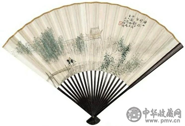 任预 1900年作 秋山行旅图 成扇 设色纸本