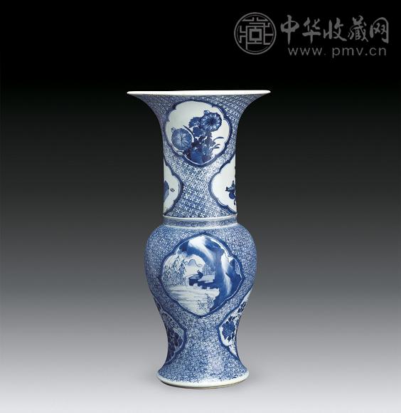 清康熙 青花开光山水花卉花觚