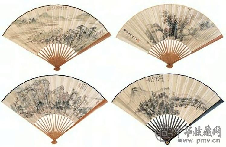 诸健秋 山水 四件 扇面 设色水墨纸本