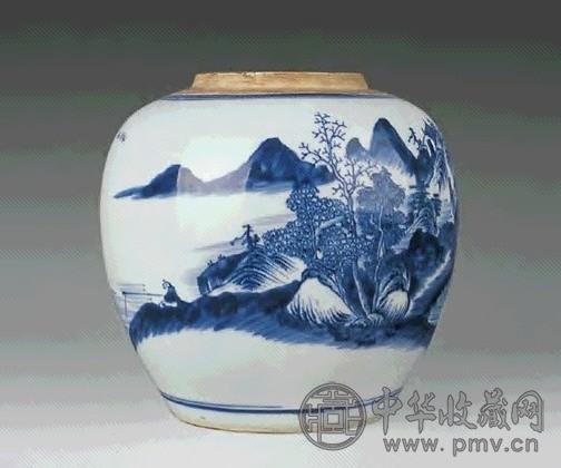 清乾隆 青花山水罐