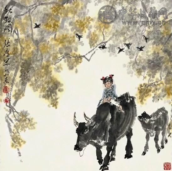 张广 秋牧图 立轴 设色纸本