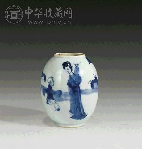 清康熙 青花仕女婴戏小罐