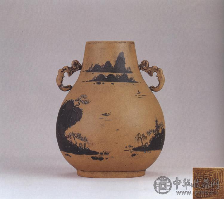 清中期 段泥泥绘山水双耳尊