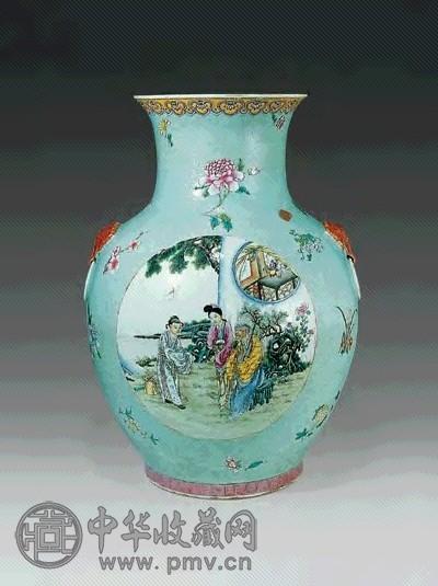 清光绪 轧道粉彩开光羲之爱鹅铺首耳大尊