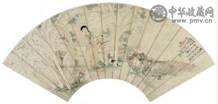 费以耕 蕉荫戏婴图 扇面