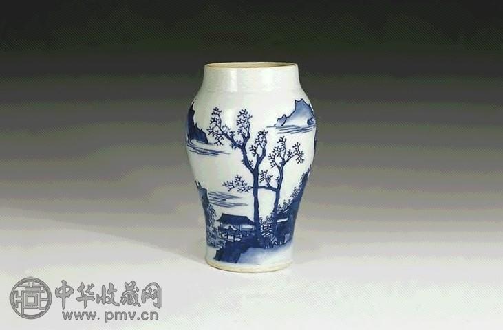 明崇祯 青花山水莲子罐