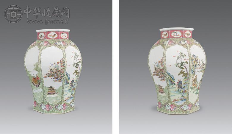 清雍正 粉彩高士图八方罐