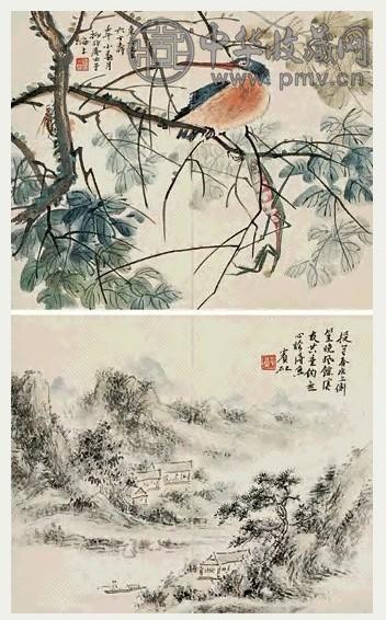 近现代 陆抑非 花鸟山水双挖 轴